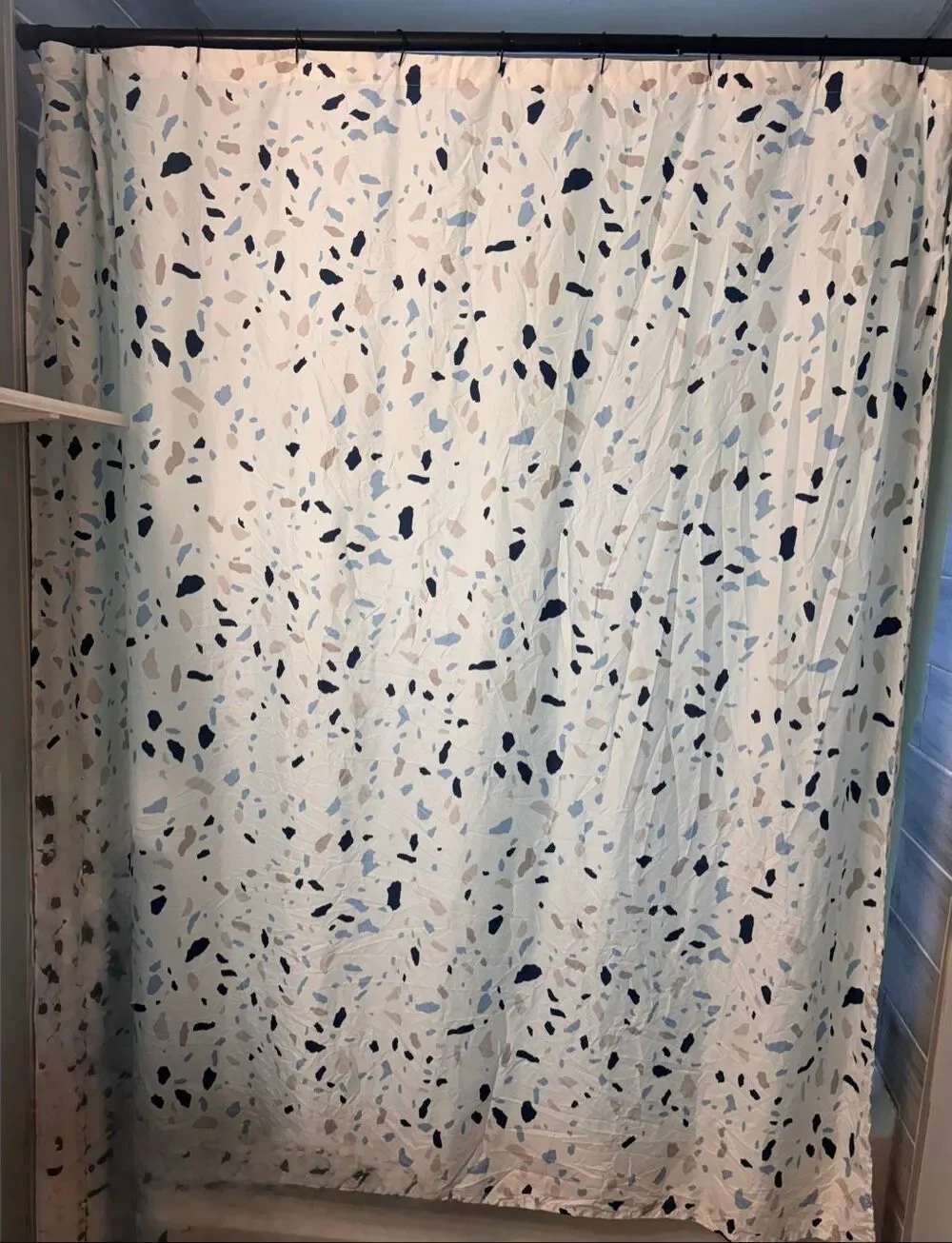 Modern Terrazzo Print Fabric Shower Curtain Blue Navy Tan White 72x72